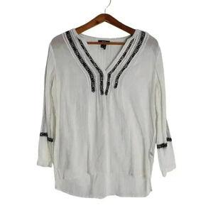 Paige White Blue Embroidered Peasant Blouse Western Country Women's Size M